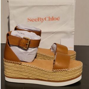NIB See By Chloe Glyn Leather Tan Espadrille Platform Wedge Sandal Size 40 (9)
